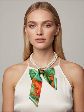 Adjustable Watercolor Fabric Scarf Pearl Beaded Long Necklace
